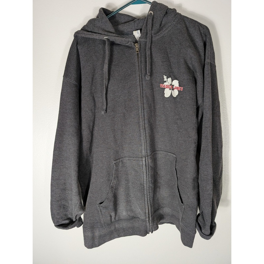 Trader Joes Zip Up Hoodie Mens XL Charcoal Gray Hibiscus Flower Logo MJ Apparel